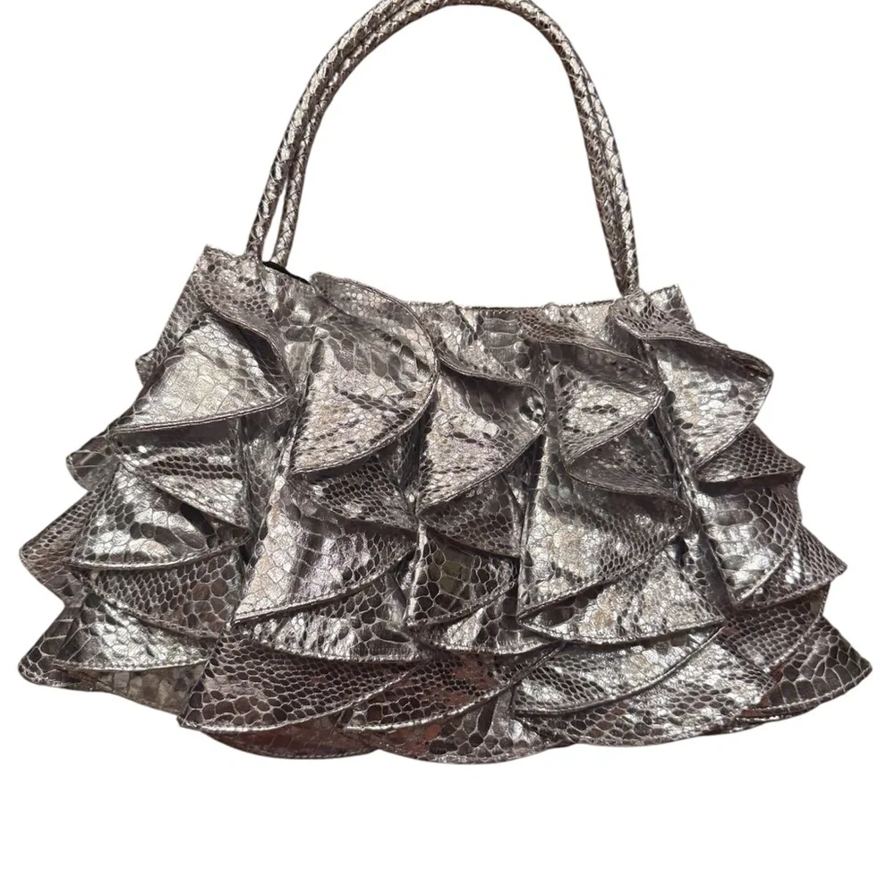 Sandra Robert’s. Metallic Silver Ruffled Shoulder Bag